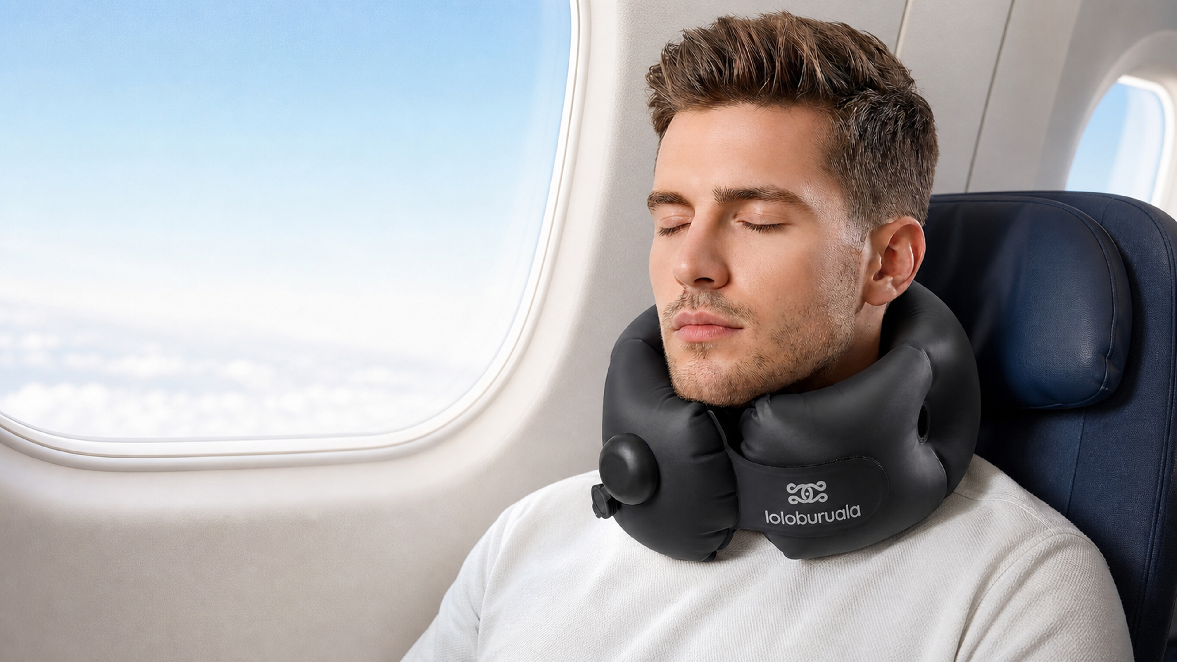 Traveler resting on a flight with the Loloburuala inflatable neck pillow